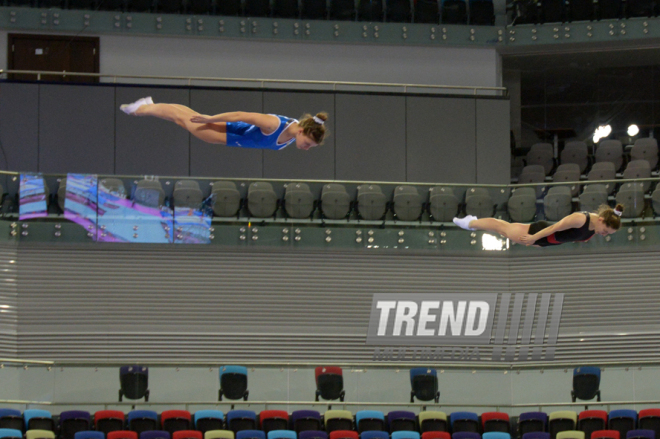 Bakıda batut gimnastikası üzrə Dünya Kubokunda iştirak edəcək idmançıların podium məşqləri. Azərbaycan, 4 mart, 2016